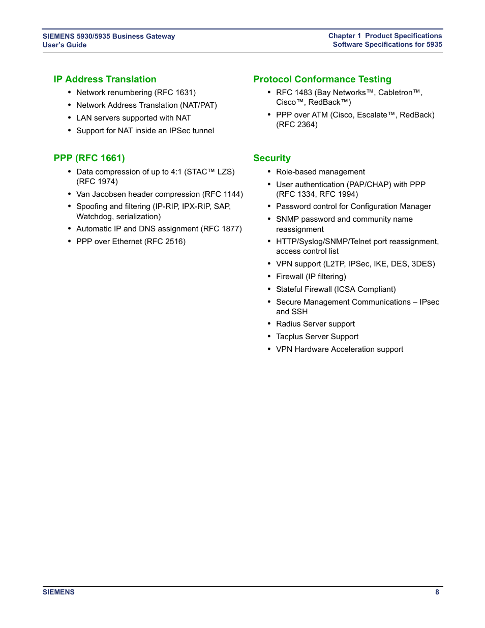 Ip address translation, Protocol conformance testing, Ppp (rfc 1661) | Security | Siemens BUSINESS CLASS 5935 User Manual | Page 14 / 94