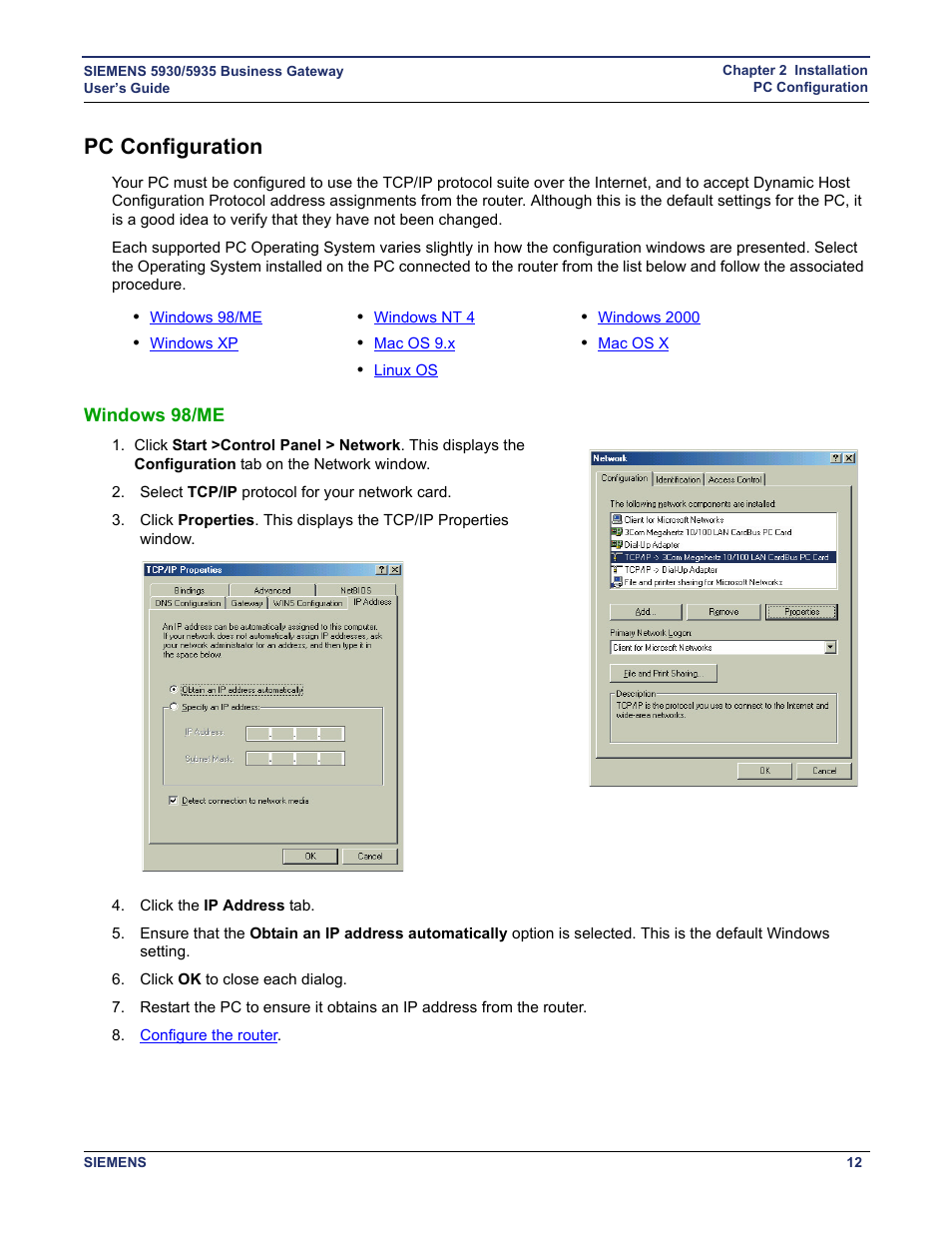 Pc configuration, Windows 98/me, Configuring the pc | Siemens BUSINESS CLASS 5935 User Manual | Page 18 / 94