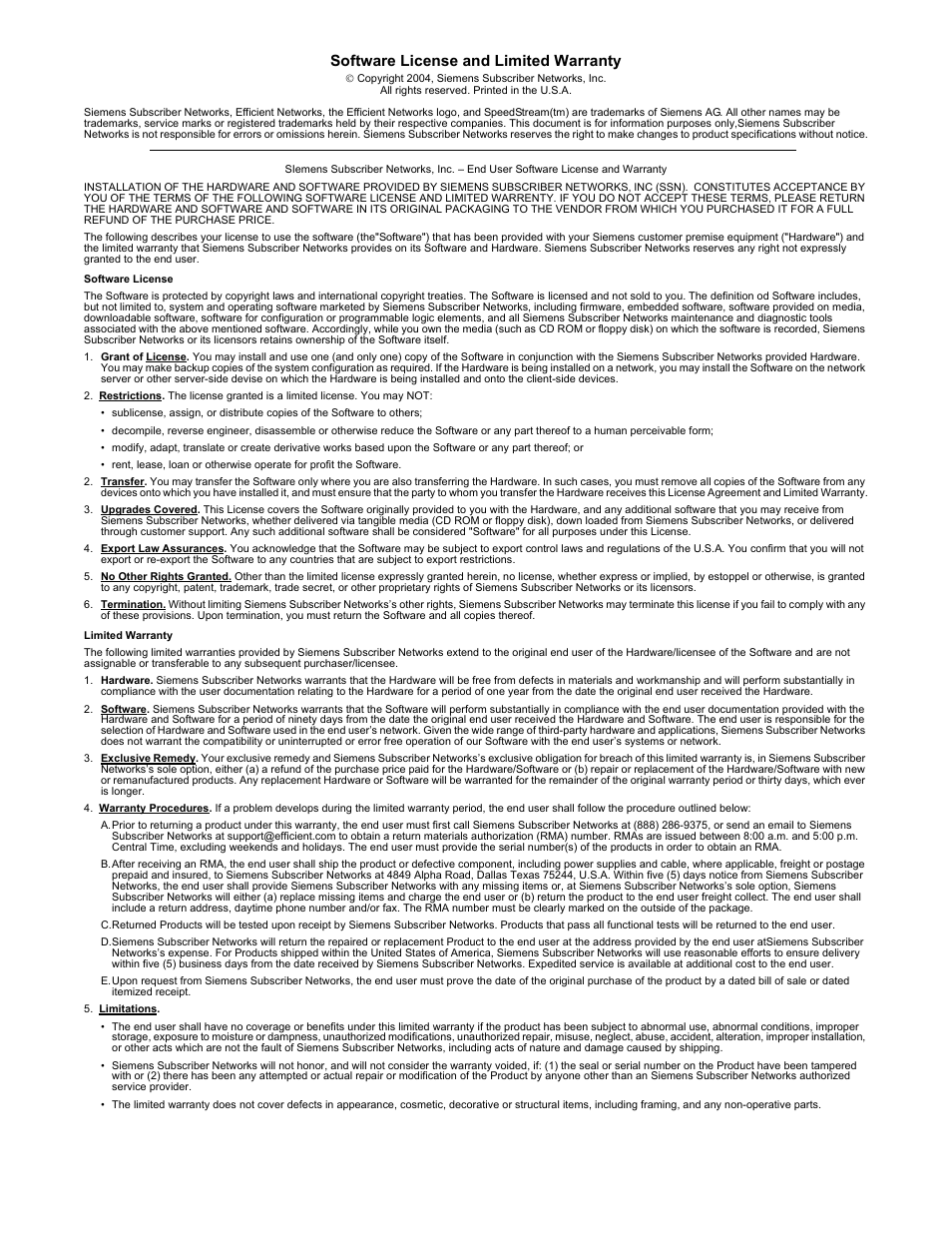 Software license and limited warranty | Siemens BUSINESS CLASS 5935 User Manual | Page 2 / 94