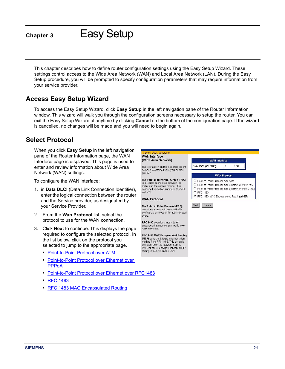 Chapter 3 easy setup, Access easy setup wizard, Select protocol | Access easy setup wizard select protocol, Chapter titled "easy setup, Easy setup | Siemens BUSINESS CLASS 5935 User Manual | Page 27 / 94