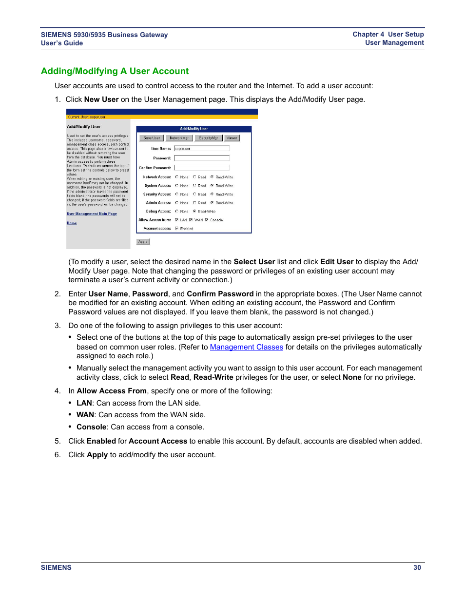 Adding/modifying a user account, Add or modify a user account | Siemens BUSINESS CLASS 5935 User Manual | Page 36 / 94