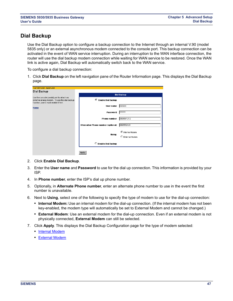 Dial backup | Siemens BUSINESS CLASS 5935 User Manual | Page 53 / 94