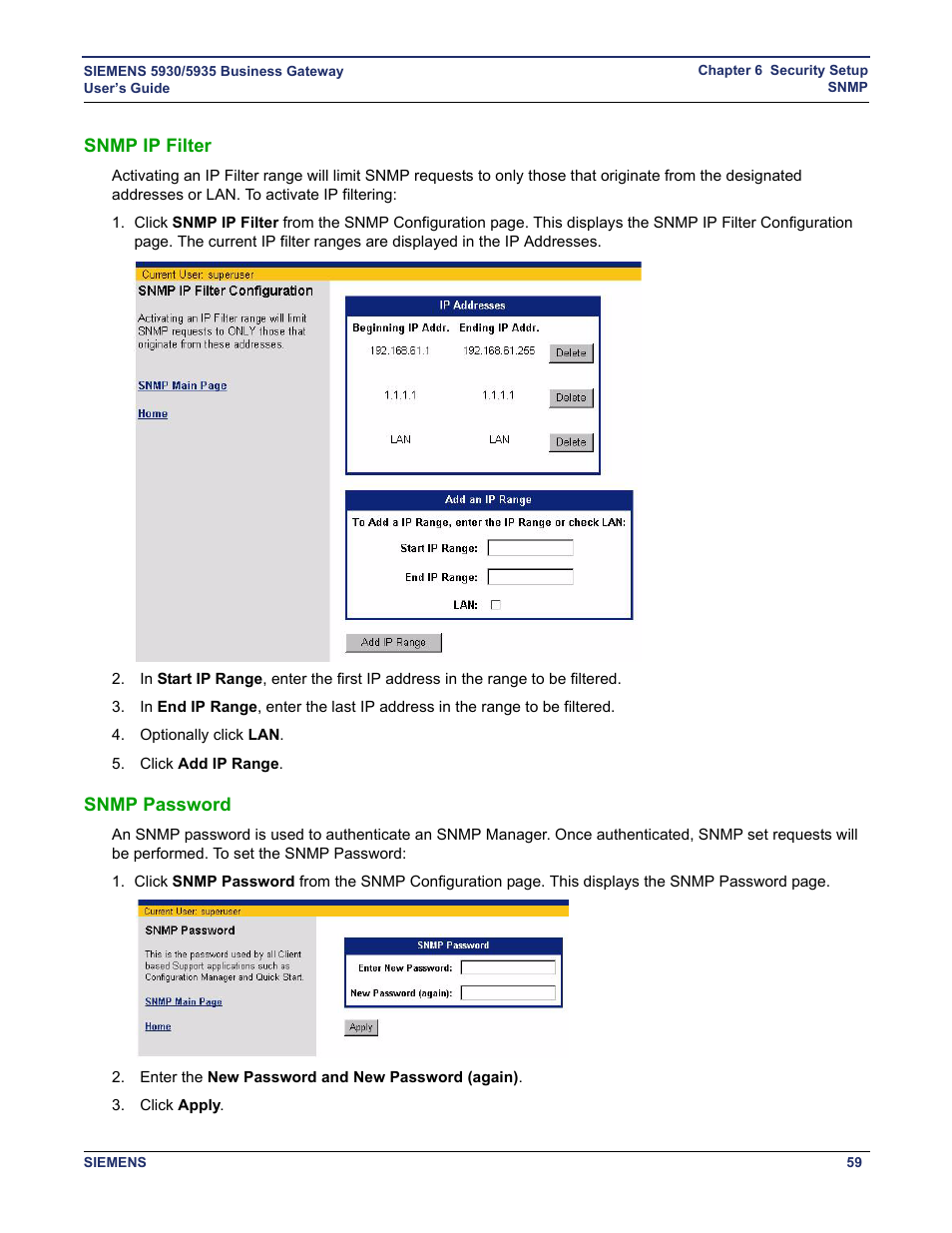 Snmp ip filter, Snmp password, Snmp ip filter snmp password | Siemens BUSINESS CLASS 5935 User Manual | Page 65 / 94