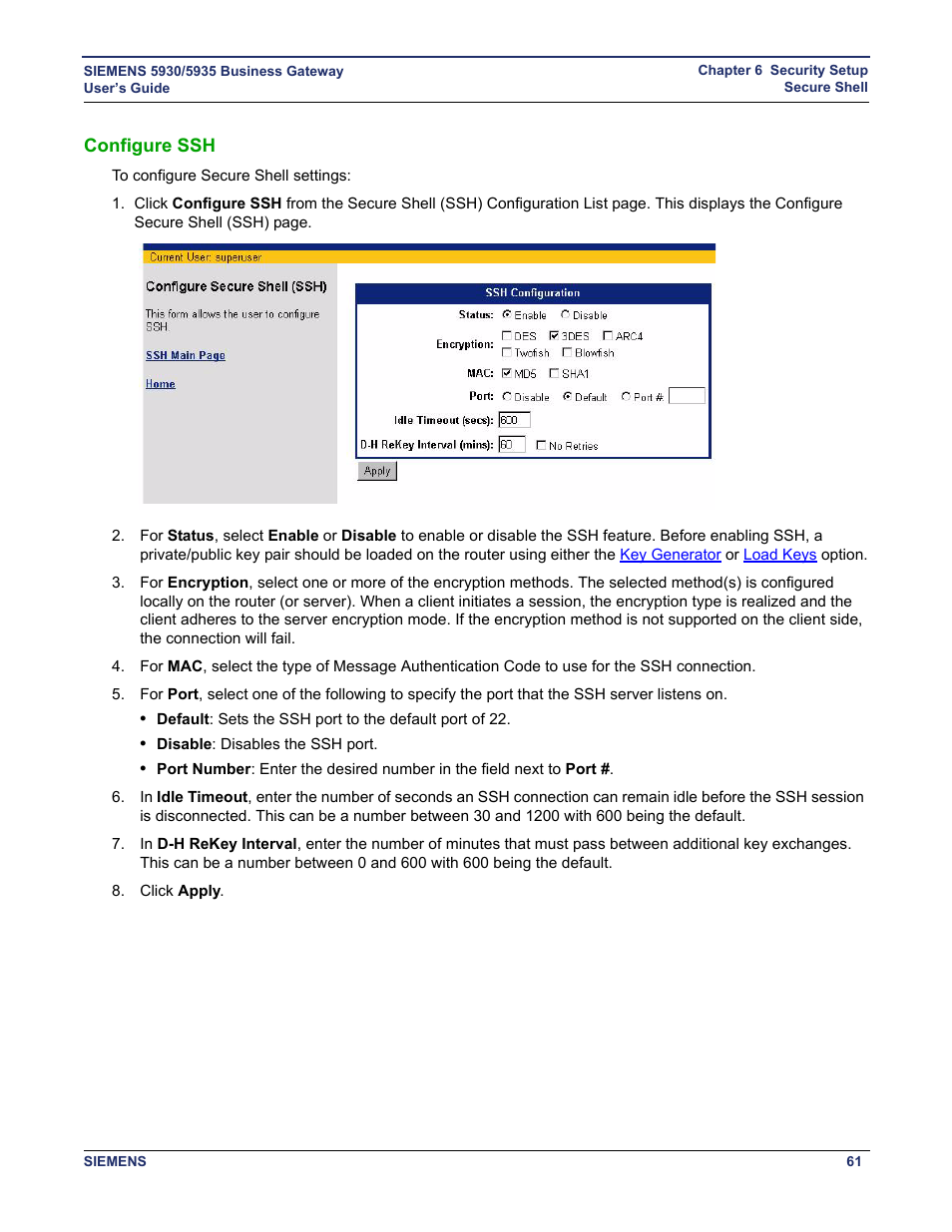 Configure ssh | Siemens BUSINESS CLASS 5935 User Manual | Page 67 / 94