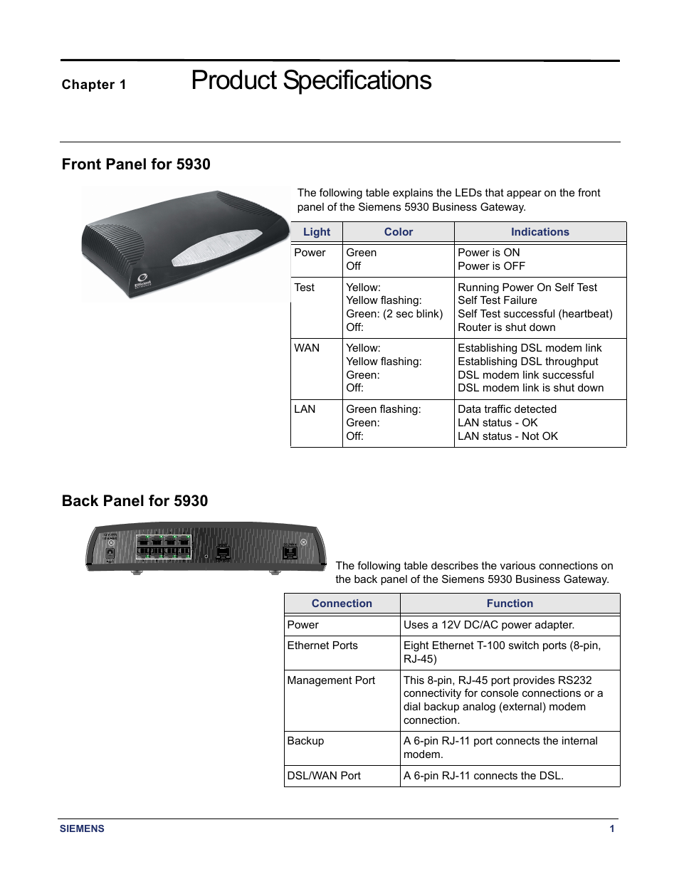 Chapter 1 product specifications, Front panel for 5930, Back panel for 5930 | Front panel for 5930 back panel for 5930, Product specifications | Siemens BUSINESS CLASS 5935 User Manual | Page 7 / 94