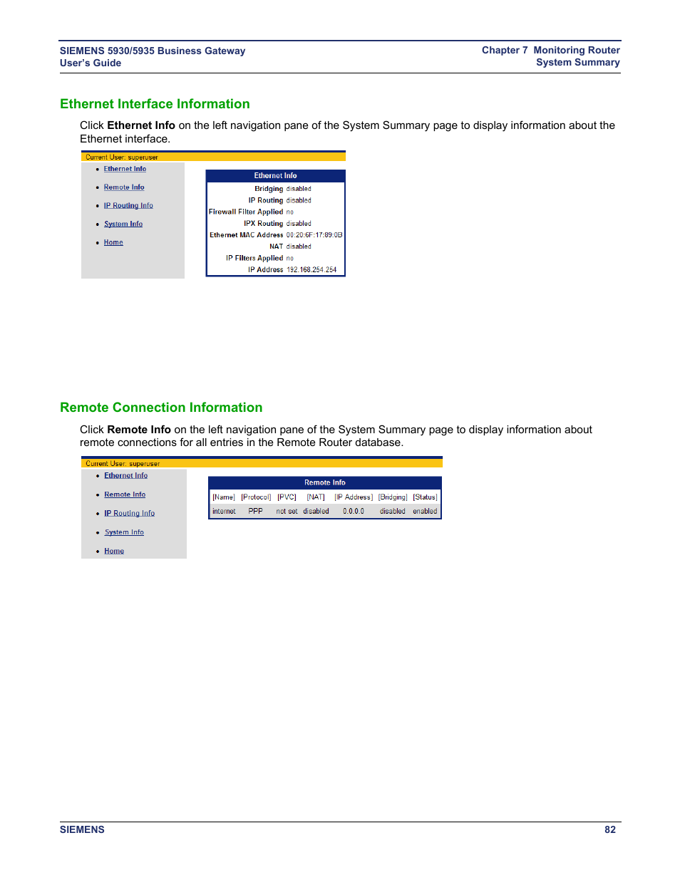 Ethernet interface information, Remote connection information, Ethernet interface | Remote connections | Siemens BUSINESS CLASS 5935 User Manual | Page 88 / 94