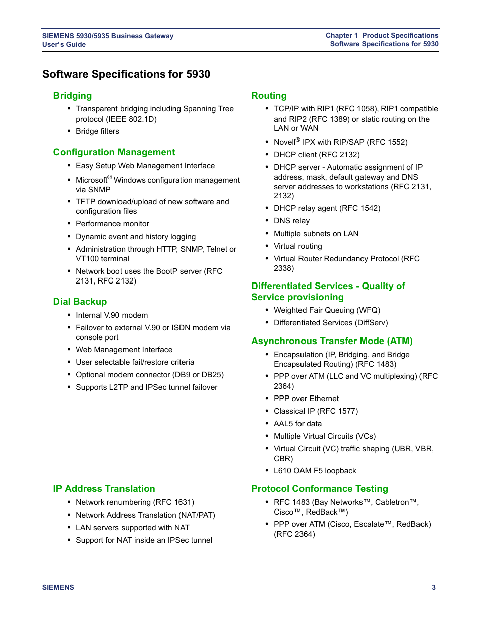 Software specifications for 5930, Bridging, Configuration management | Dial backup, Routing, Asynchronous transfer mode (atm), Ip address translation, Protocol conformance testing, Software specifications, For 5930 | Siemens BUSINESS CLASS 5935 User Manual | Page 9 / 94