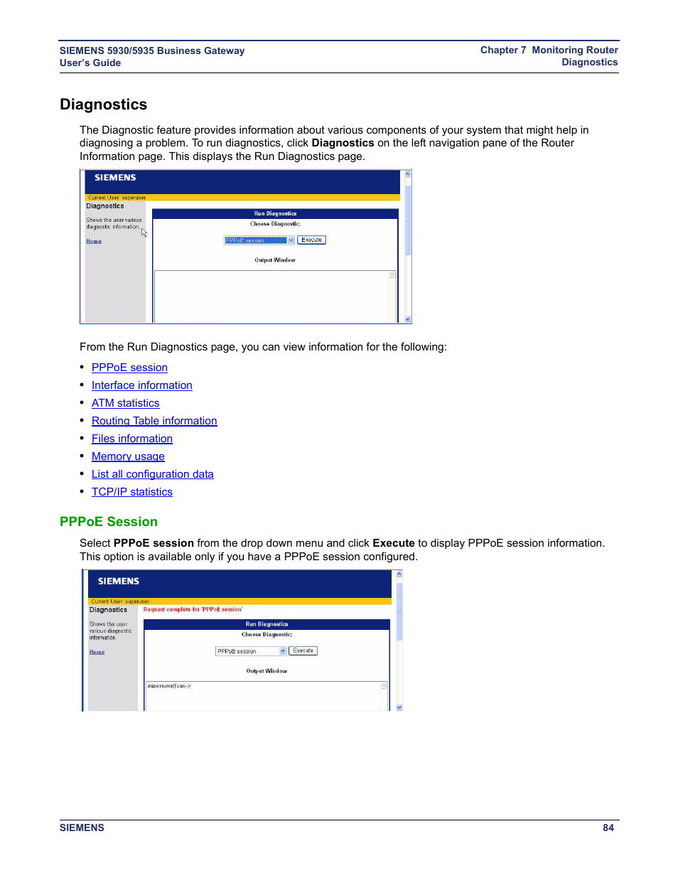 Diagnostics, Pppoe session | Siemens BUSINESS CLASS 5935 User Manual | Page 90 / 94