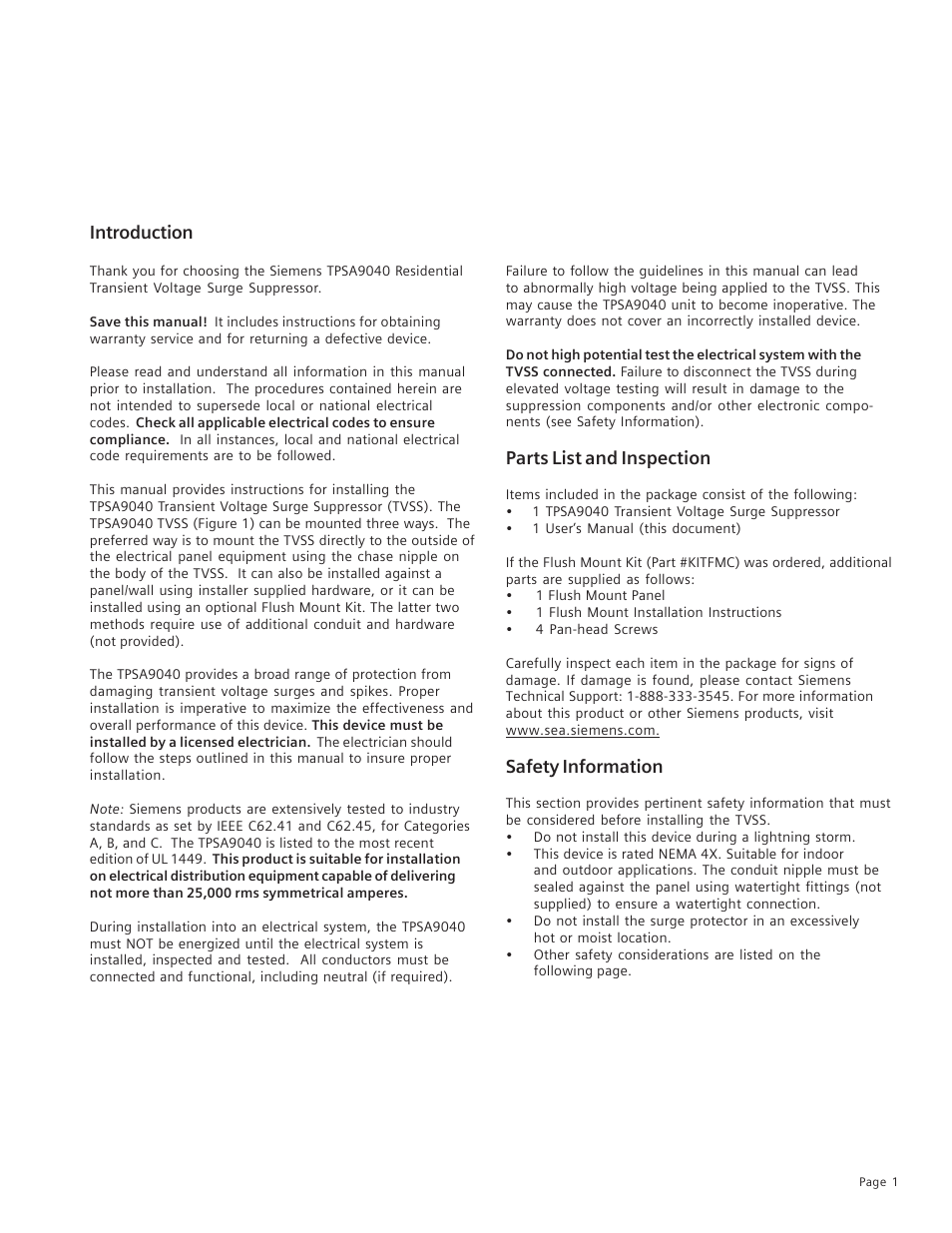 Introduction, Parts list and inspection, Safety information | Siemens Residential Transient Voltage Surge Suppressor TPSA9040 User Manual | Page 2 / 7