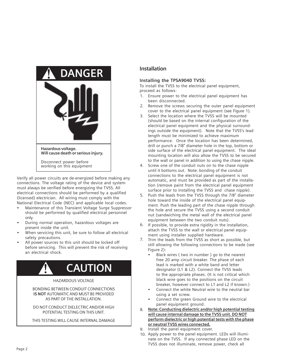 Danger, Caution | Siemens Residential Transient Voltage Surge Suppressor TPSA9040 User Manual | Page 3 / 7