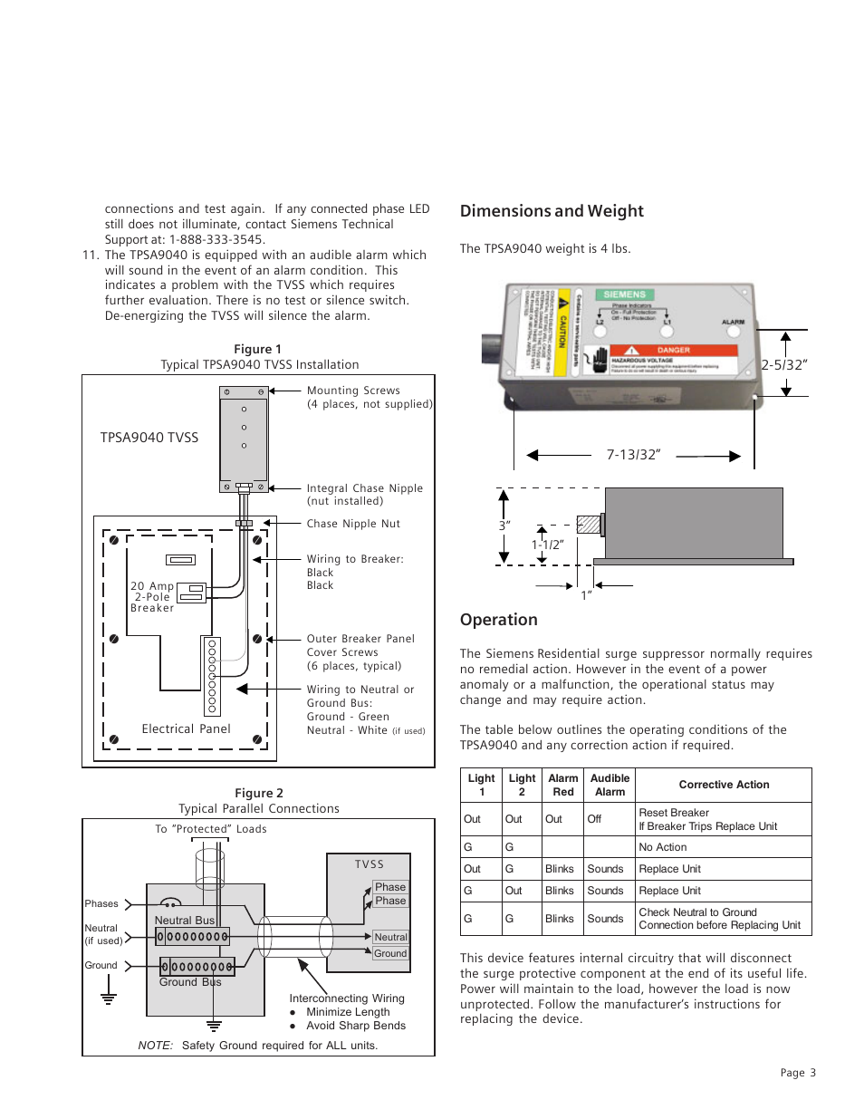 Dimensions and weight, Operation | Siemens Residential Transient Voltage Surge Suppressor TPSA9040 User Manual | Page 4 / 7