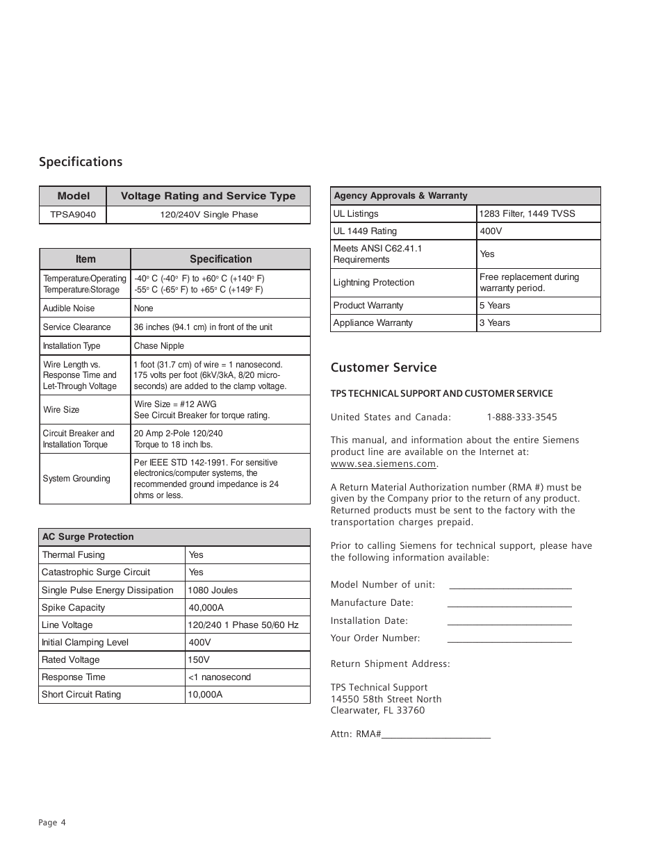 Customer service, Specifications | Siemens Residential Transient Voltage Surge Suppressor TPSA9040 User Manual | Page 5 / 7