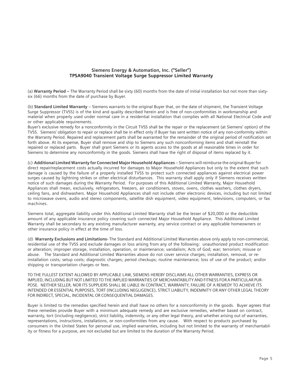 Siemens Residential Transient Voltage Surge Suppressor TPSA9040 User Manual | Page 6 / 7