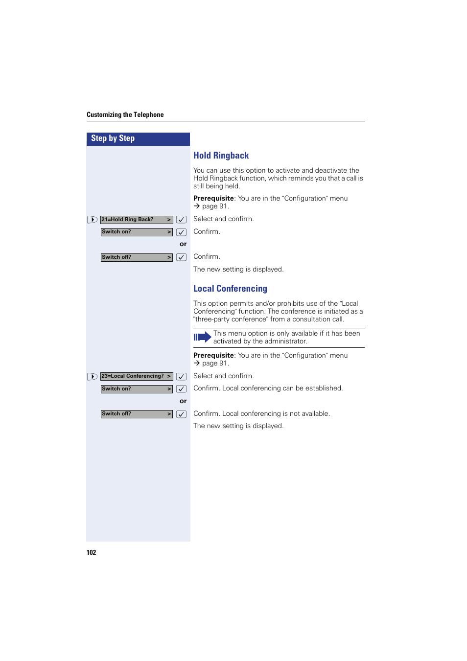 Hold ringback, Local conferencing, Hold ringback local conferencing | Siemens HIPATH 8000 OPTIPOINT410 User Manual | Page 102 / 242