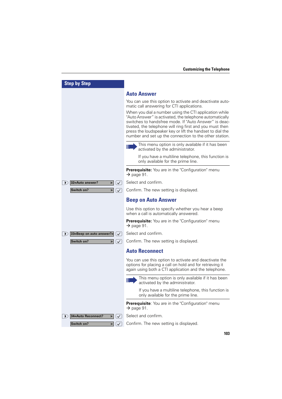 Auto answer, Beep on auto answer, Auto reconnect | Auto answer beep on auto answer auto reconnect | Siemens HIPATH 8000 OPTIPOINT410 User Manual | Page 103 / 242