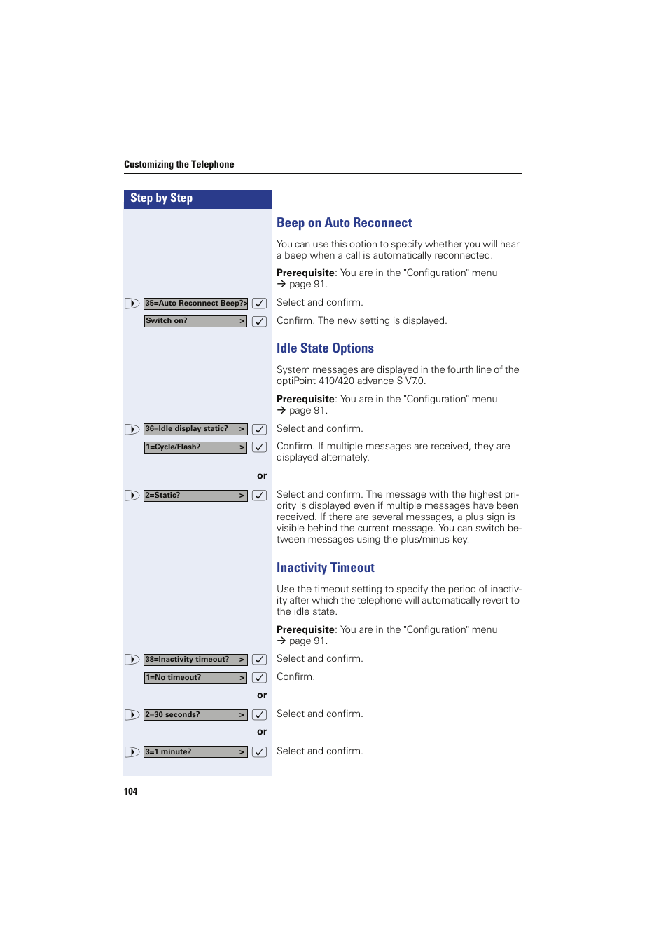 Beep on auto reconnect, Idle state options, Inactivity timeout | Siemens HIPATH 8000 OPTIPOINT410 User Manual | Page 104 / 242