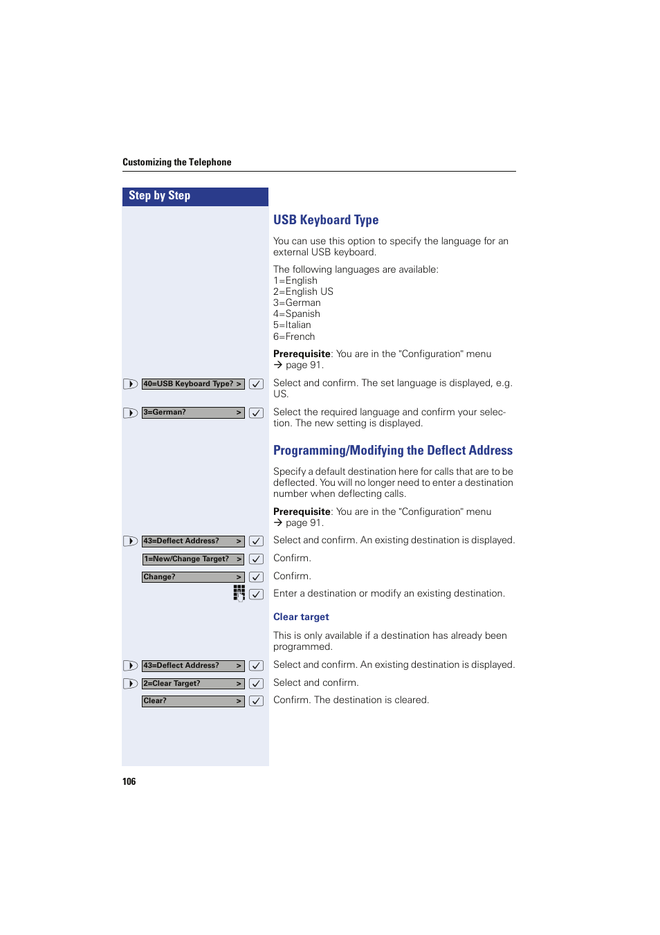 Usb keyboard type, Programming/modifying the deflect address, Clear target | Siemens HIPATH 8000 OPTIPOINT410 User Manual | Page 106 / 242