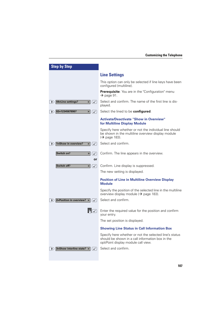 Line settings, Showing line status in call information box | Siemens HIPATH 8000 OPTIPOINT410 User Manual | Page 107 / 242