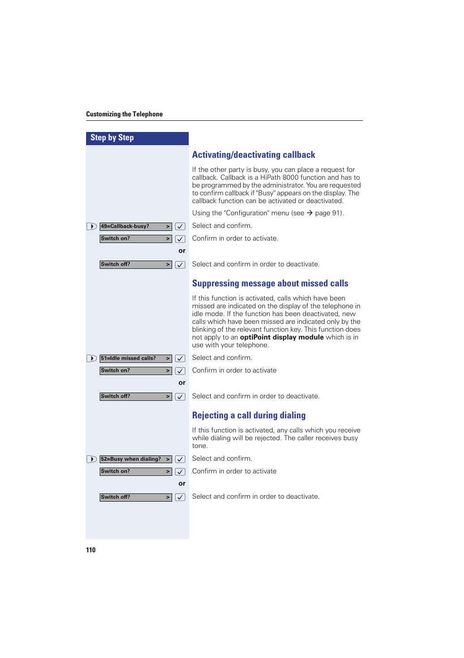 Activating/deactivating callback, Suppressing message about missed calls, Rejecting a call during dialing | Siemens HIPATH 8000 OPTIPOINT410 User Manual | Page 110 / 242