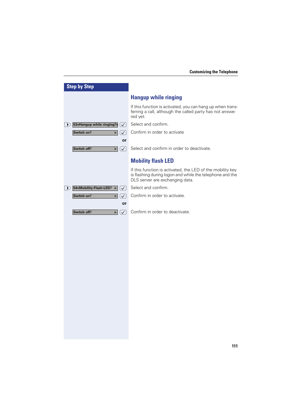 Hangup while ringing, Mobility flash led, Hangup while ringing mobility flash led | Siemens HIPATH 8000 OPTIPOINT410 User Manual | Page 111 / 242