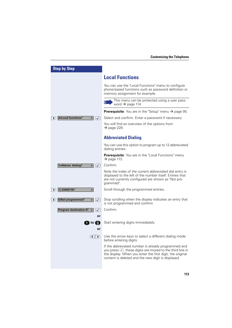 Local functions, Abbreviated dialing | Siemens HIPATH 8000 OPTIPOINT410 User Manual | Page 113 / 242