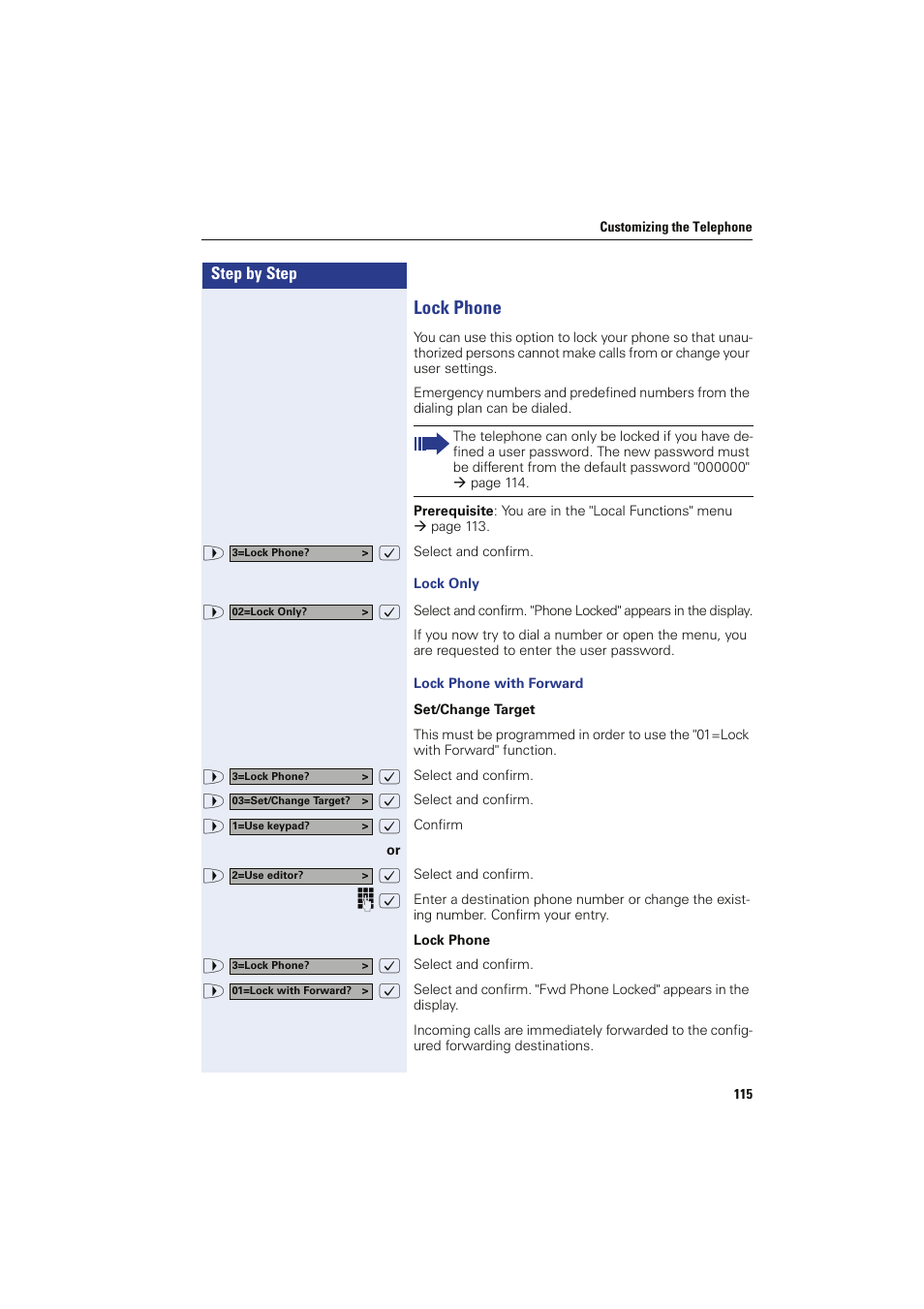 Lock phone, Lock only, Lock phone with forward | Siemens HIPATH 8000 OPTIPOINT410 User Manual | Page 115 / 242