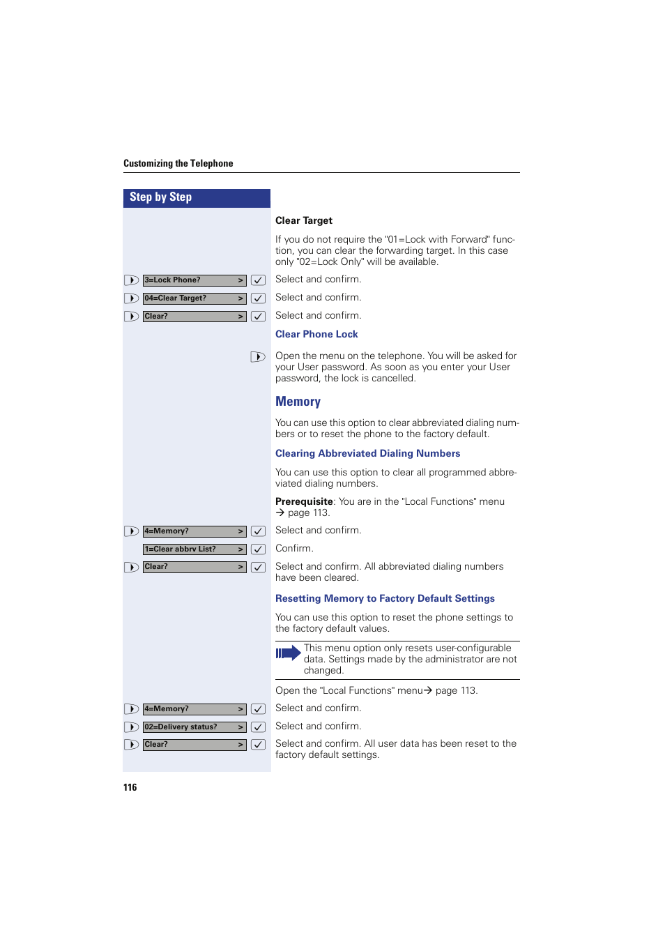 Clear phone lock, Memory, Clearing abbreviated dialing numbers | Resetting memory to factory default settings | Siemens HIPATH 8000 OPTIPOINT410 User Manual | Page 116 / 242