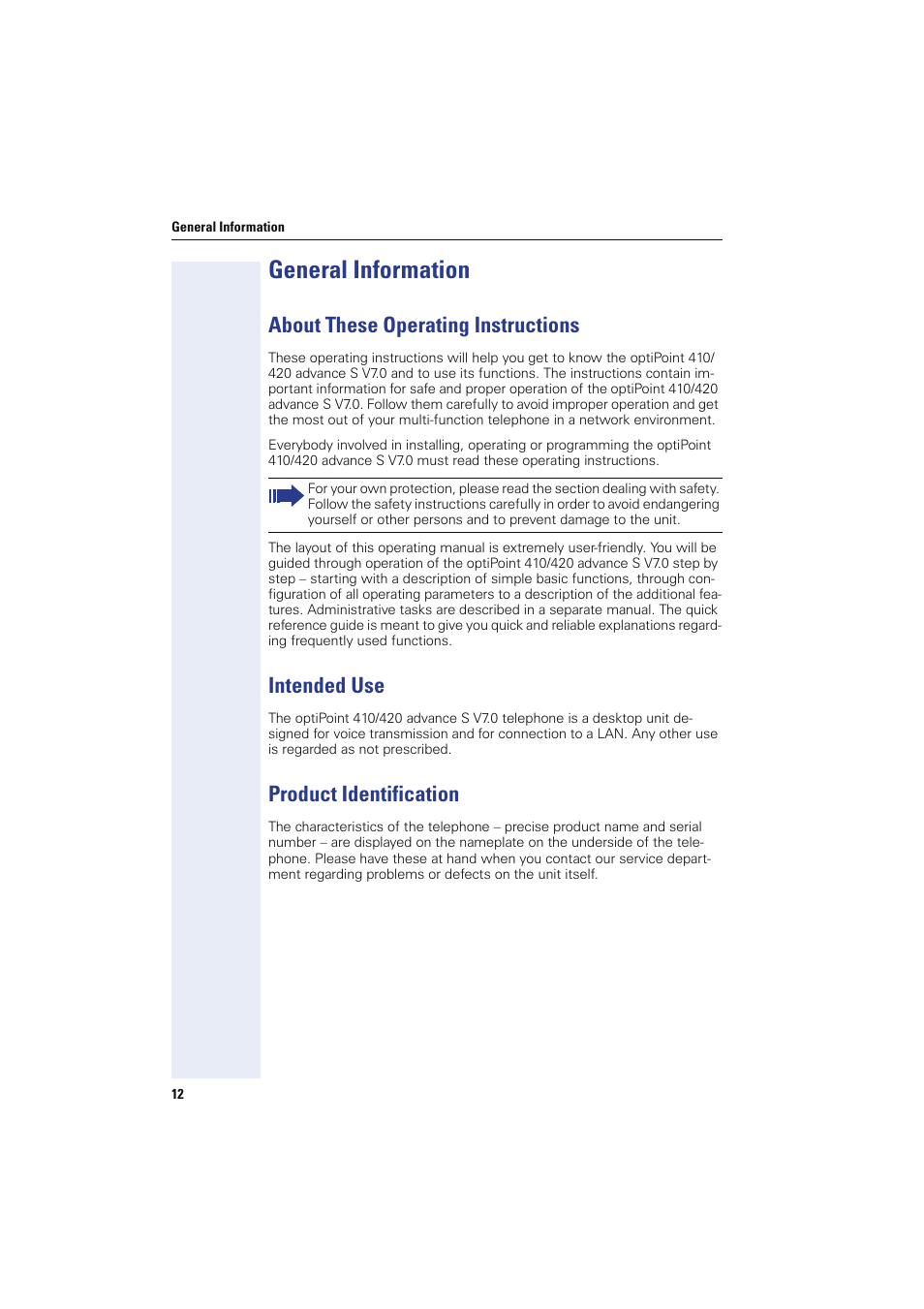 General information, About these operating instructions, Intended use | Product identification | Siemens HIPATH 8000 OPTIPOINT410 User Manual | Page 12 / 242