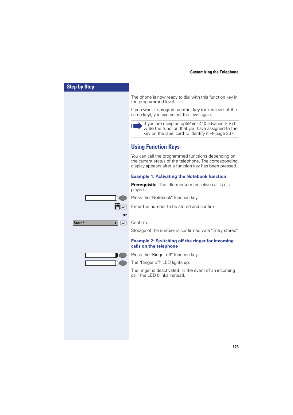 Using function keys, Example 1: activating the notebook function | Siemens HIPATH 8000 OPTIPOINT410 User Manual | Page 123 / 242