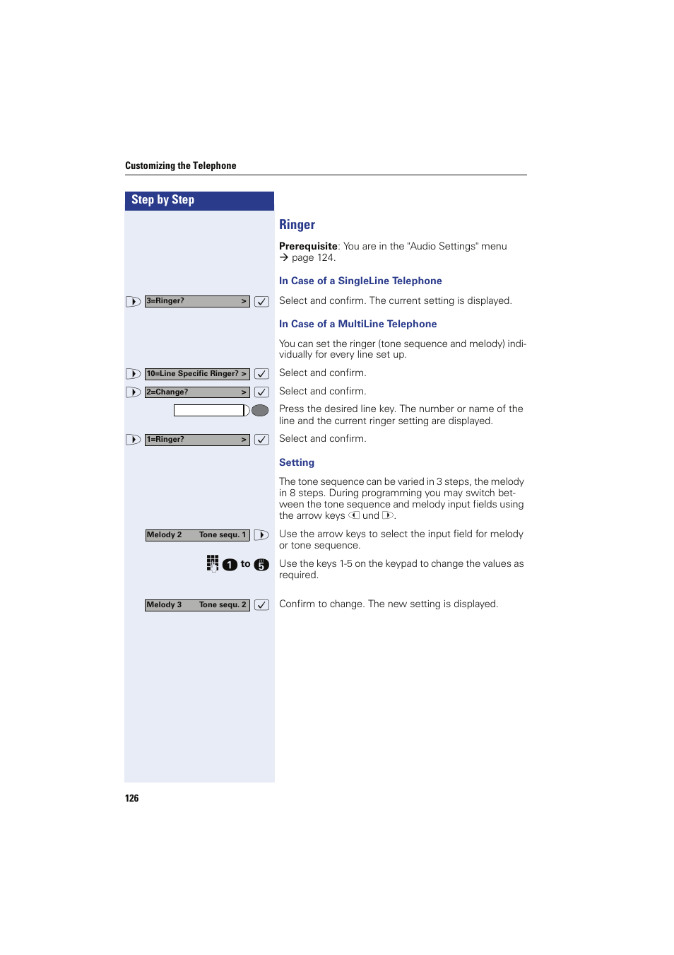 Ringer, In case of a singleline telephone, In case of a multiline telephone | Setting | Siemens HIPATH 8000 OPTIPOINT410 User Manual | Page 126 / 242