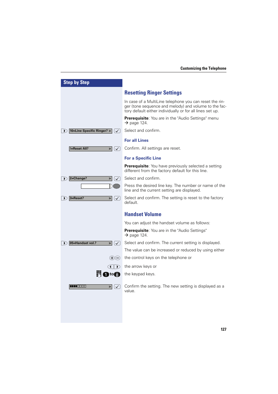 Resetting ringer settings, For all lines, For a specific line | Handset volume, Resetting ringer settings handset volume | Siemens HIPATH 8000 OPTIPOINT410 User Manual | Page 127 / 242