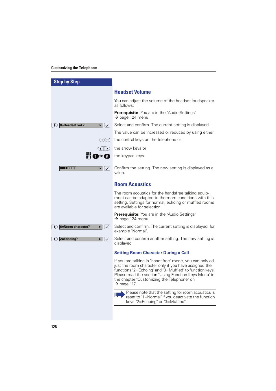 Headset volume, Room acoustics, Setting room character during a call | Headset volume room acoustics | Siemens HIPATH 8000 OPTIPOINT410 User Manual | Page 128 / 242