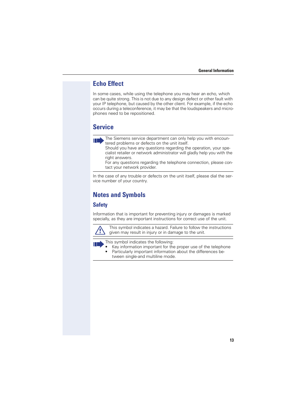 Echo effect, Service, Notes and symbols | Safety, Echo effect service notes and symbols | Siemens HIPATH 8000 OPTIPOINT410 User Manual | Page 13 / 242