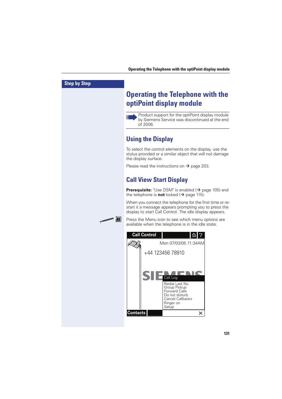 Using the display, Call view start display, Using the display call view start display | Siemens HIPATH 8000 OPTIPOINT410 User Manual | Page 131 / 242