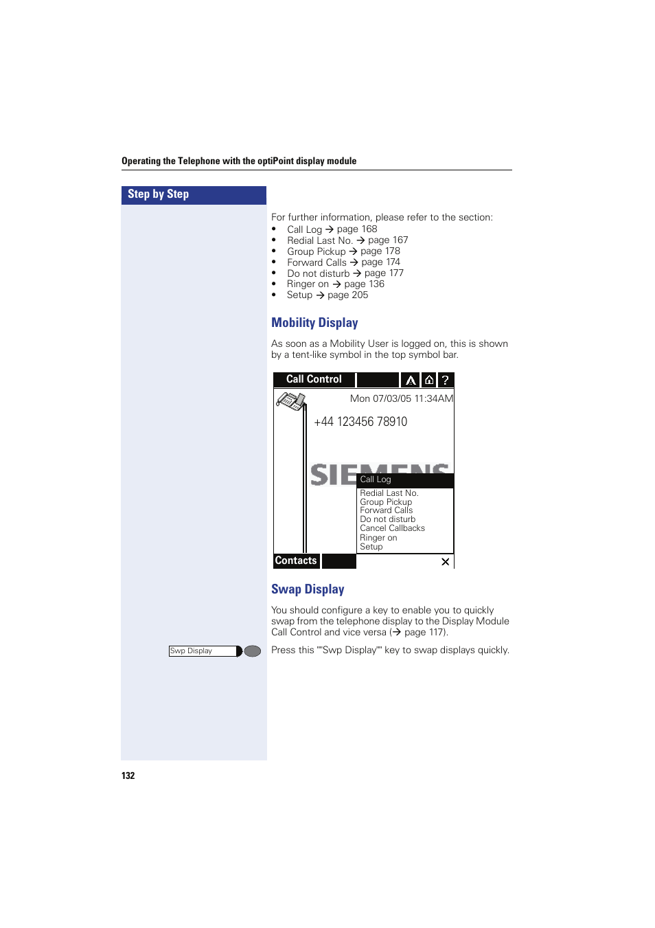 Mobility display, Swap display, Mobility display swap display | Siemens HIPATH 8000 OPTIPOINT410 User Manual | Page 132 / 242