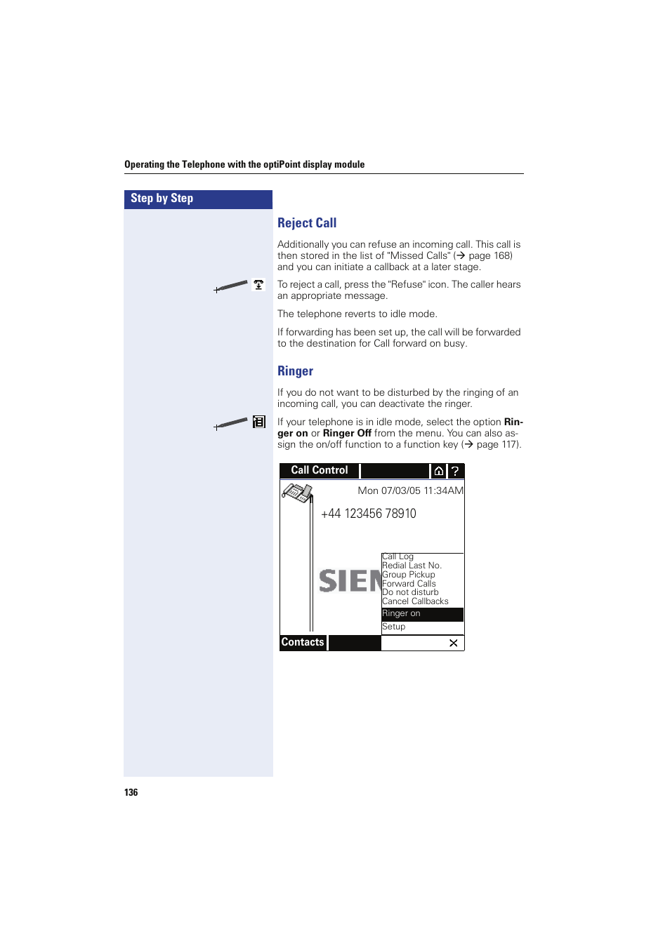 Reject call, Ringer, Reject call ringer | Siemens HIPATH 8000 OPTIPOINT410 User Manual | Page 136 / 242