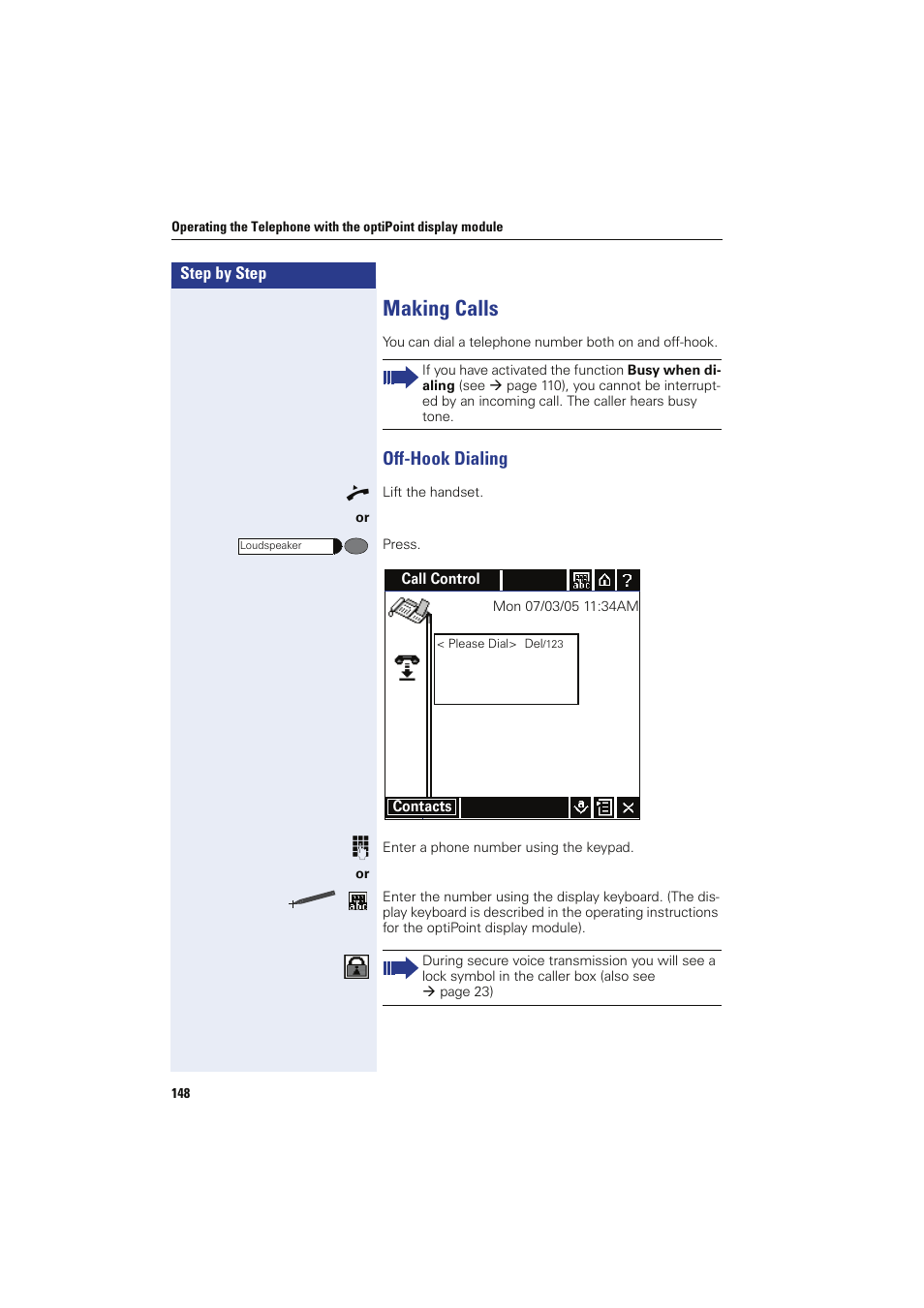 Making calls, Off-hook dialing | Siemens HIPATH 8000 OPTIPOINT410 User Manual | Page 148 / 242