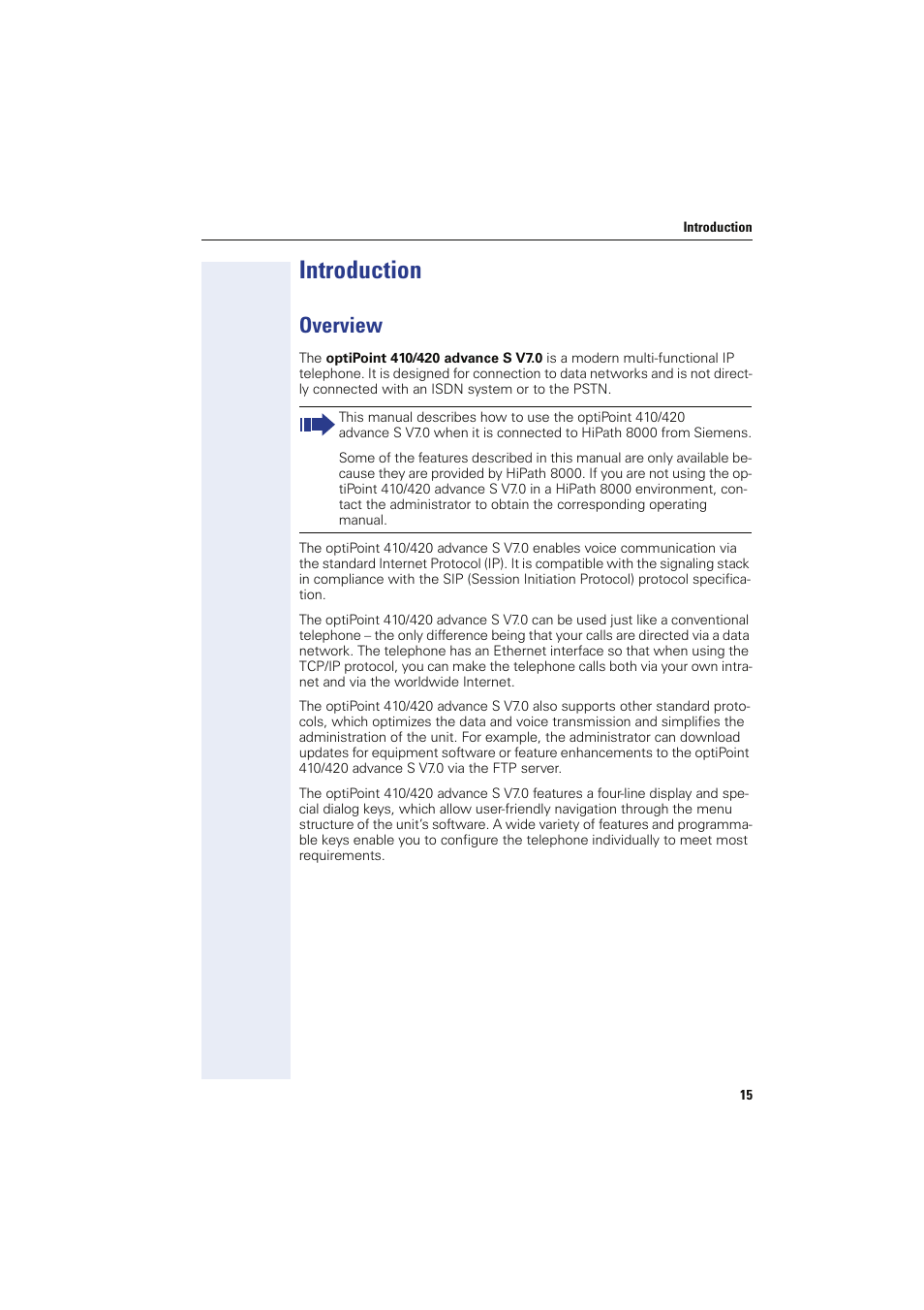 Introduction, Overview | Siemens HIPATH 8000 OPTIPOINT410 User Manual | Page 15 / 242