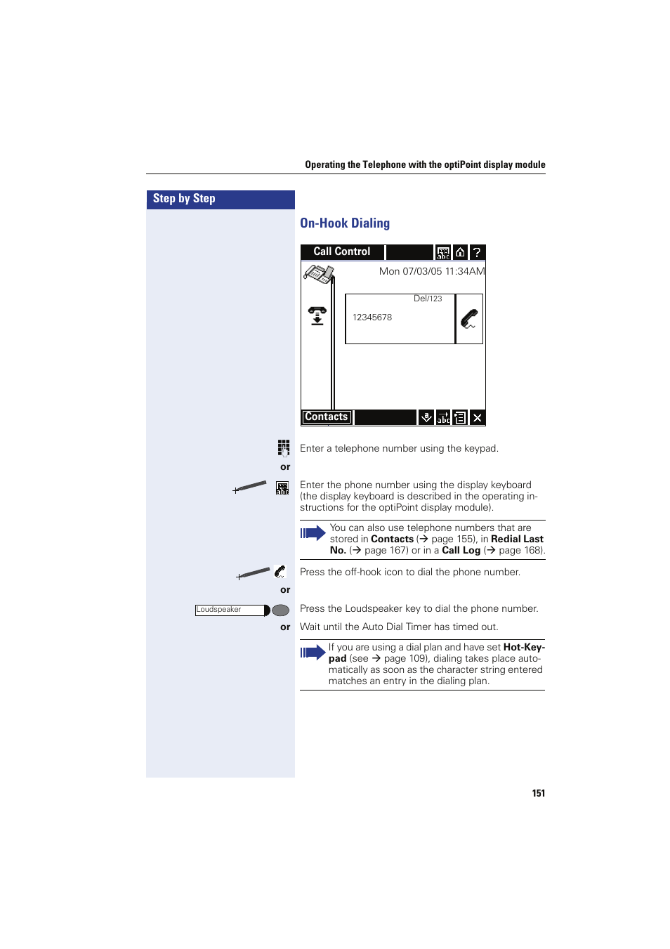 On-hook dialing | Siemens HIPATH 8000 OPTIPOINT410 User Manual | Page 151 / 242