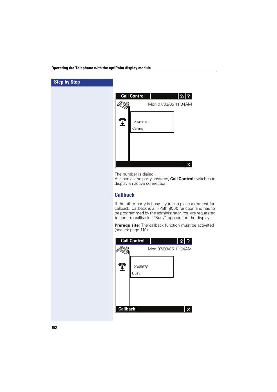 Callback | Siemens HIPATH 8000 OPTIPOINT410 User Manual | Page 152 / 242