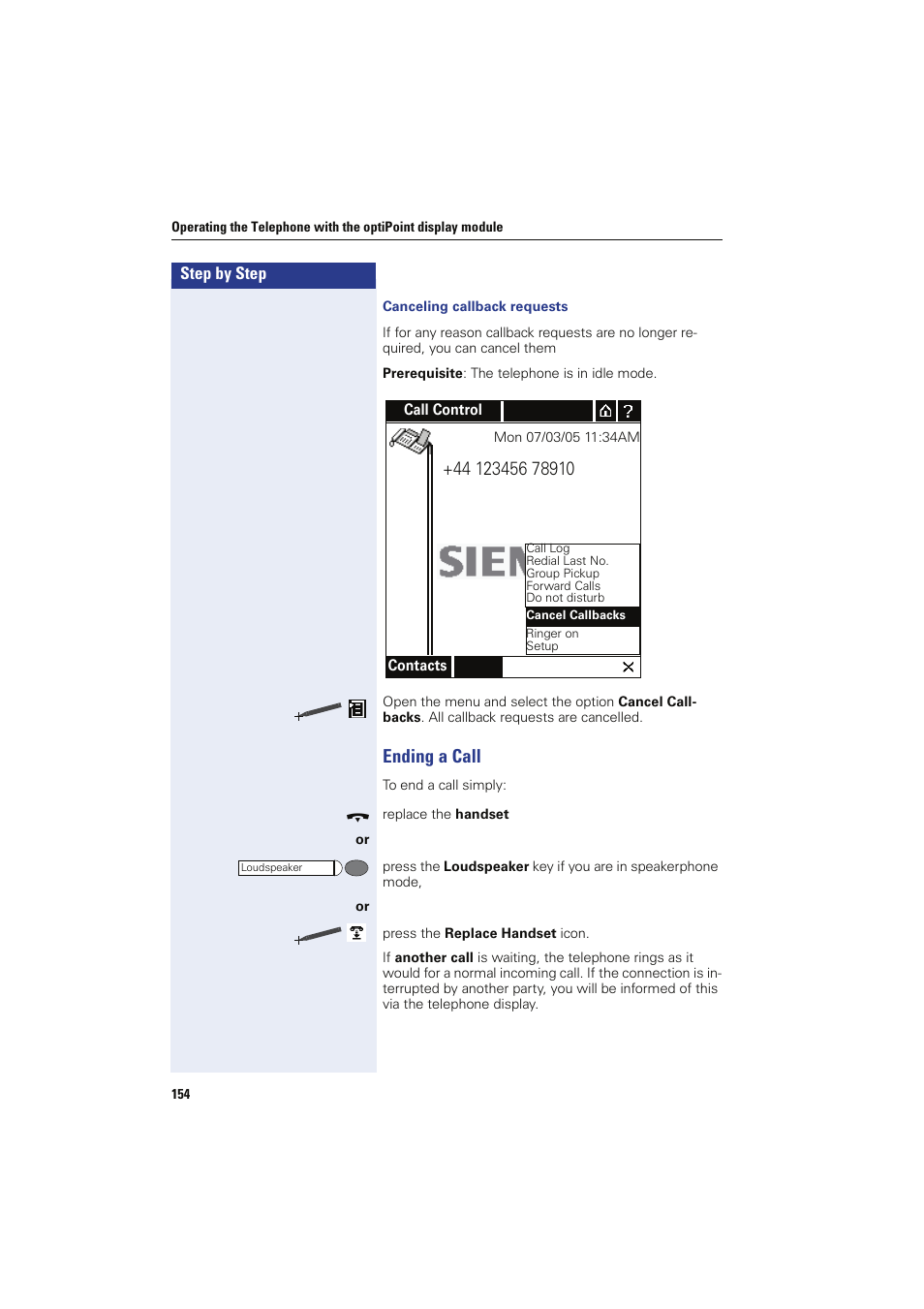 Canceling callback requests, Ending a call | Siemens HIPATH 8000 OPTIPOINT410 User Manual | Page 154 / 242