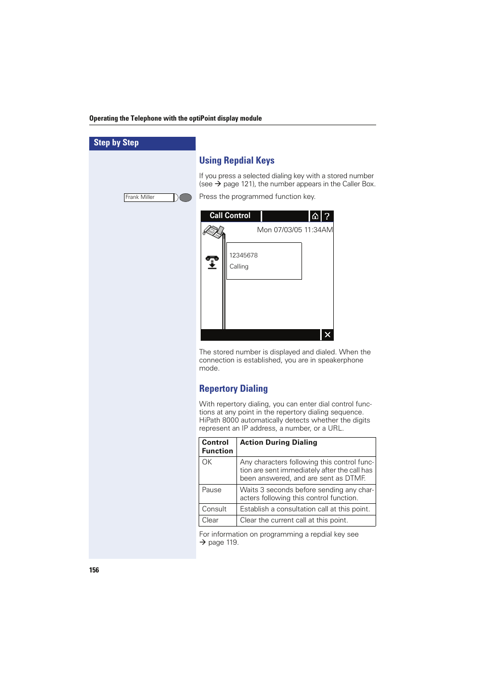 Using repdial keys, Repertory dialing, Using repdial keys repertory dialing | Siemens HIPATH 8000 OPTIPOINT410 User Manual | Page 156 / 242