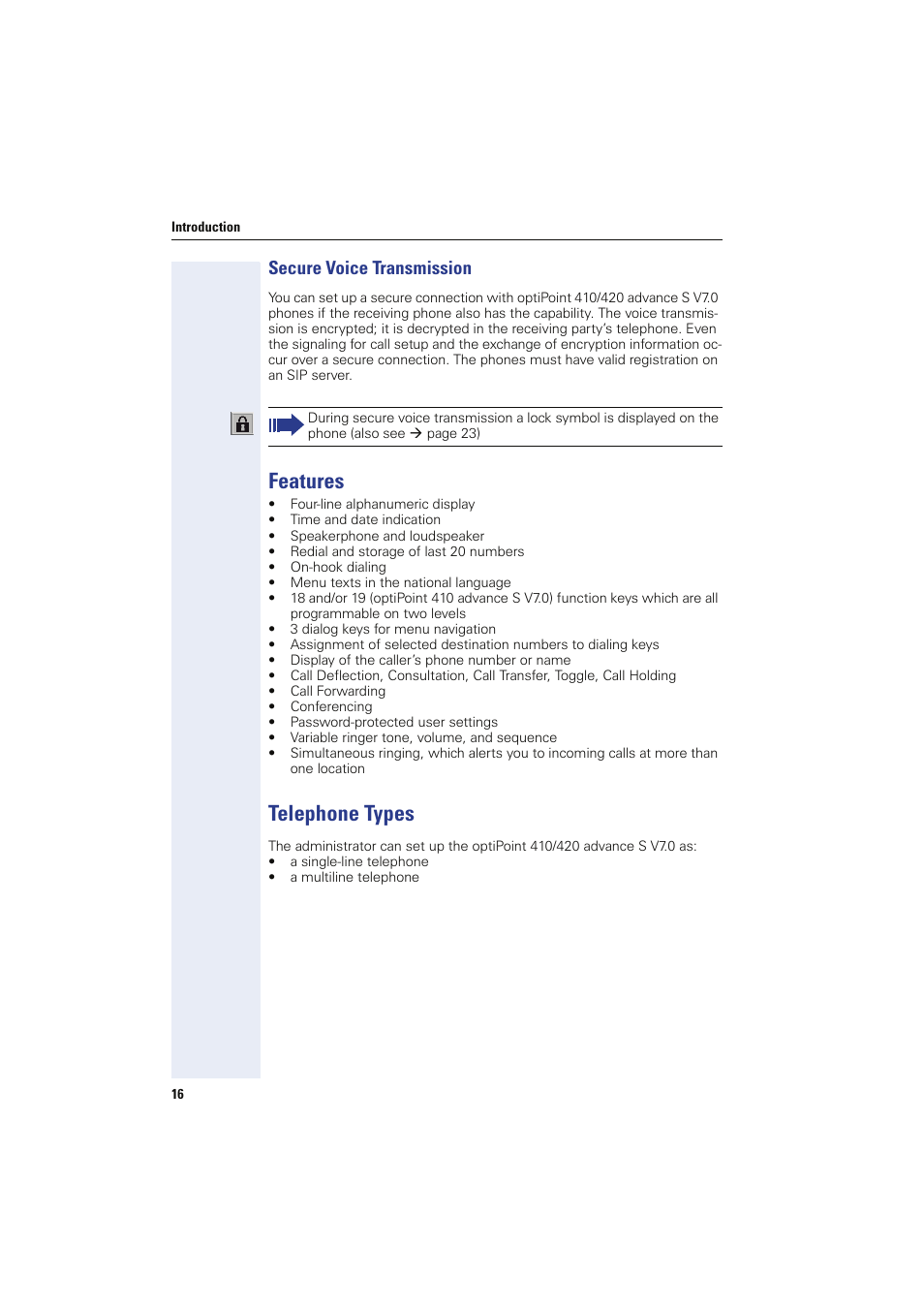 Secure voice transmission, Features, Telephone types | Features telephone types | Siemens HIPATH 8000 OPTIPOINT410 User Manual | Page 16 / 242