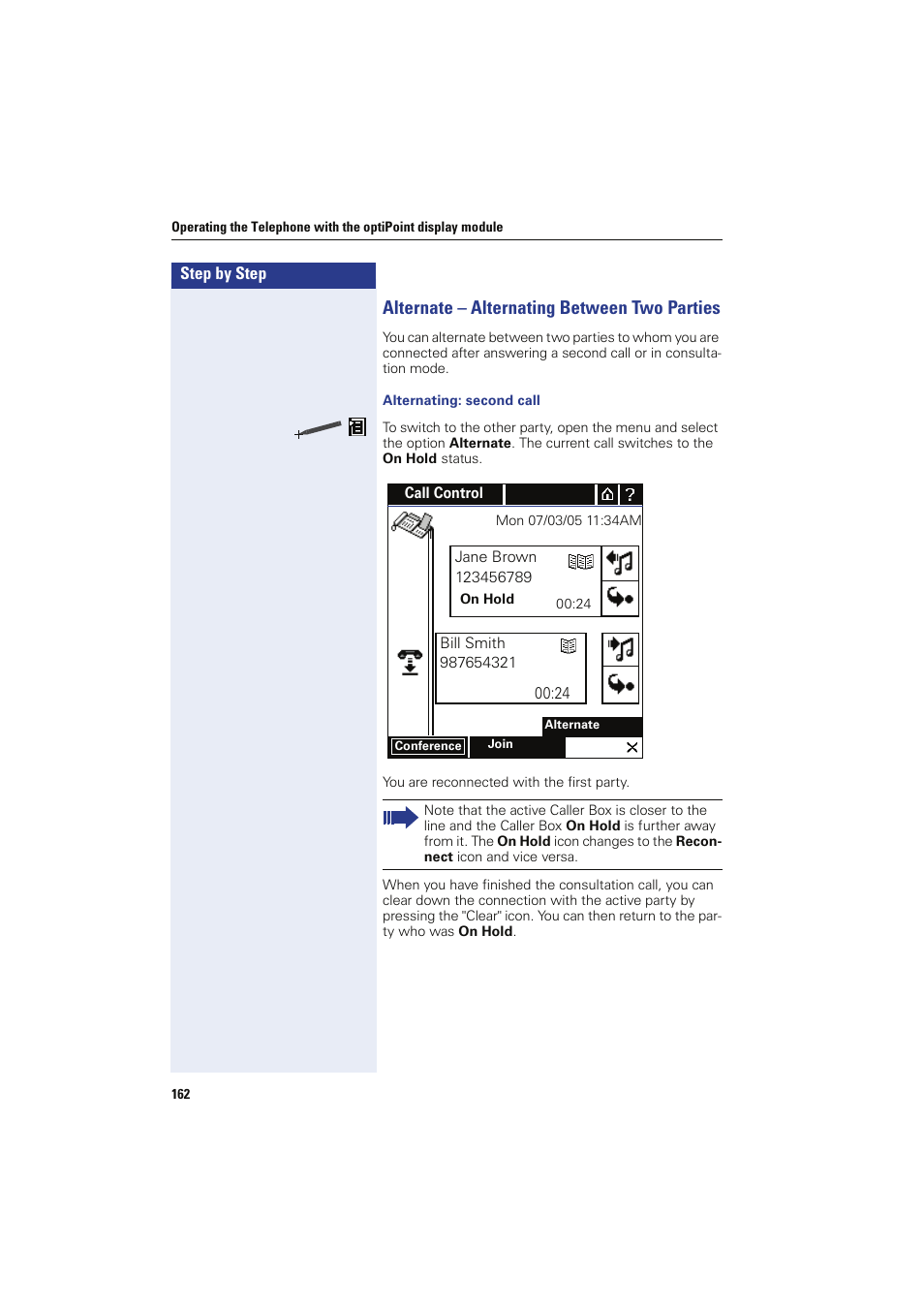 Alternate - alternating between two parties, Alternating: second call, Alternate – alternating between two parties | Siemens HIPATH 8000 OPTIPOINT410 User Manual | Page 162 / 242