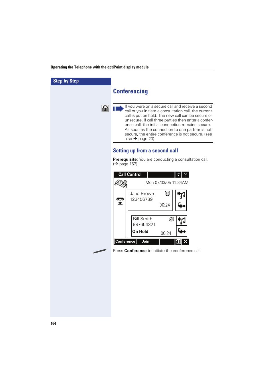 Conferencing, Setting up from a second call | Siemens HIPATH 8000 OPTIPOINT410 User Manual | Page 164 / 242