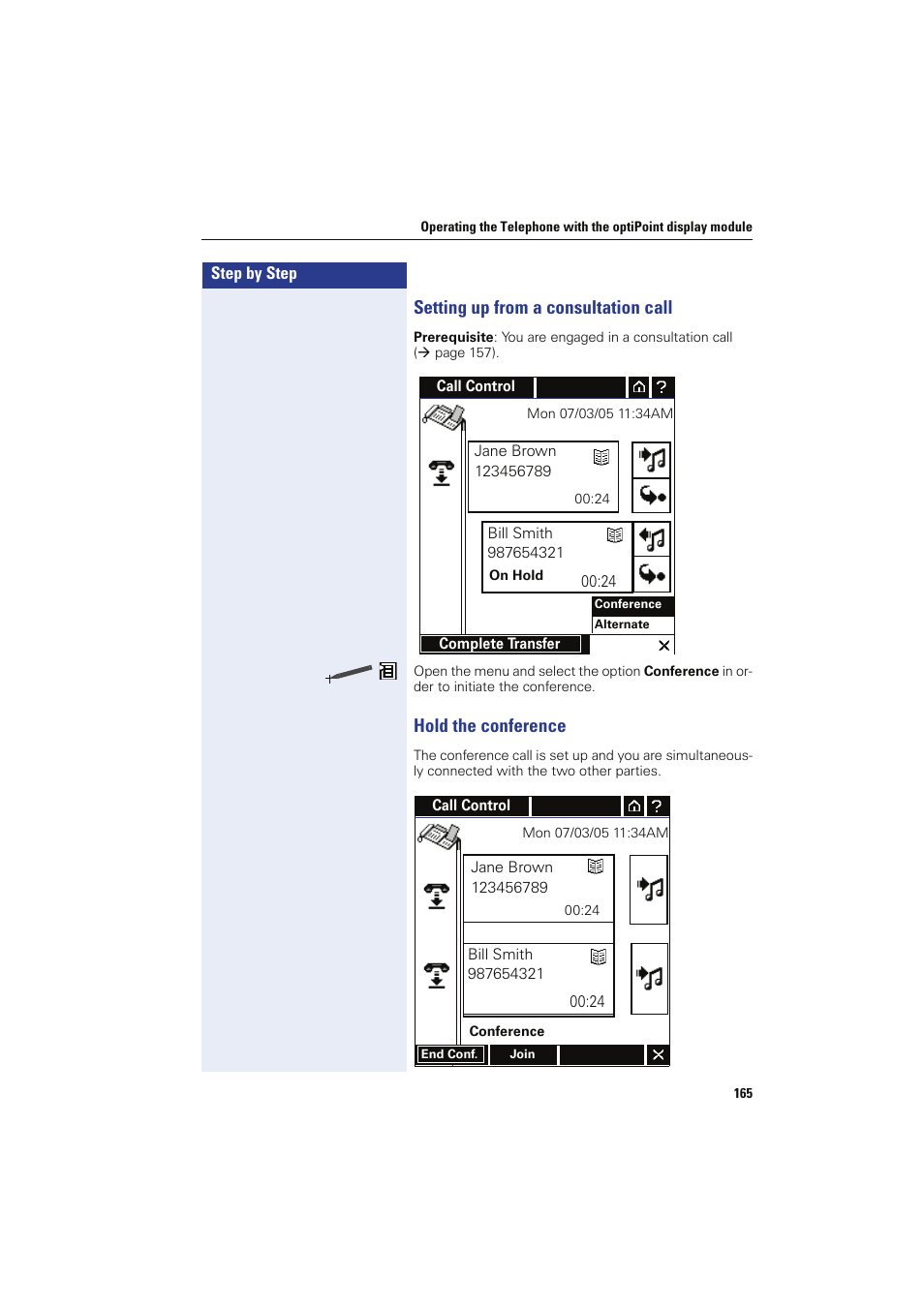 Setting up from a consultation call, Hold the conference | Siemens HIPATH 8000 OPTIPOINT410 User Manual | Page 165 / 242