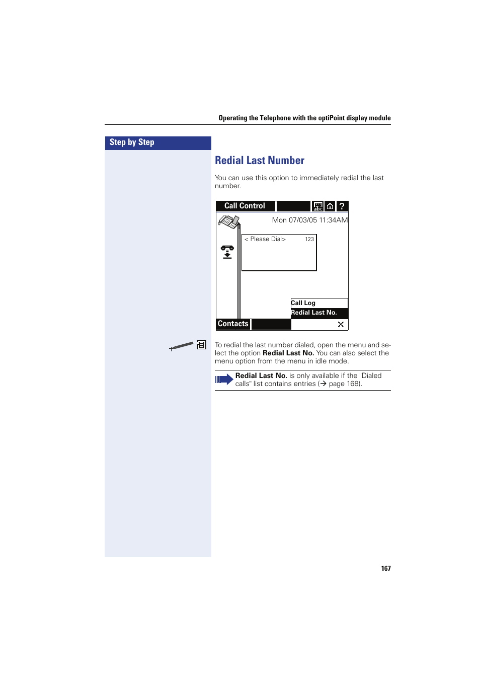 Redial last number | Siemens HIPATH 8000 OPTIPOINT410 User Manual | Page 167 / 242