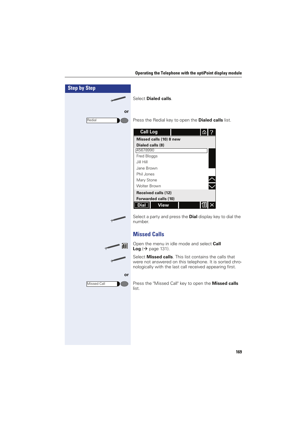 Missed calls | Siemens HIPATH 8000 OPTIPOINT410 User Manual | Page 169 / 242