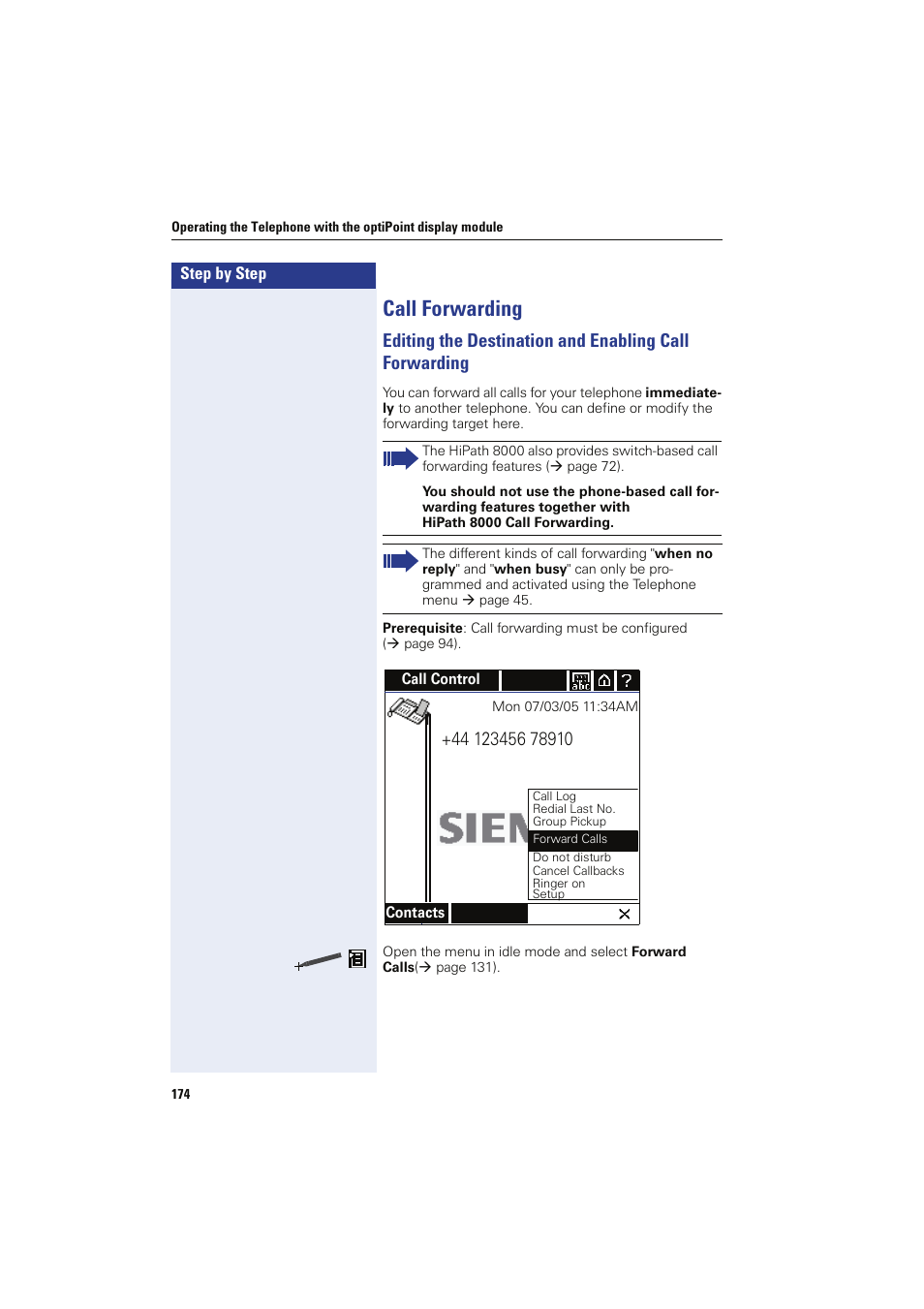 Call forwarding | Siemens HIPATH 8000 OPTIPOINT410 User Manual | Page 174 / 242