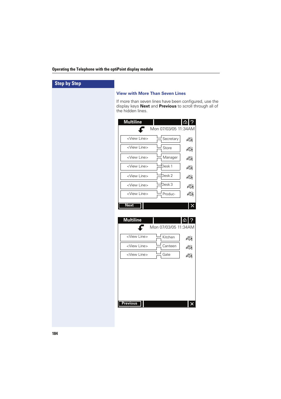 View with more than seven lines, Step by step | Siemens HIPATH 8000 OPTIPOINT410 User Manual | Page 184 / 242